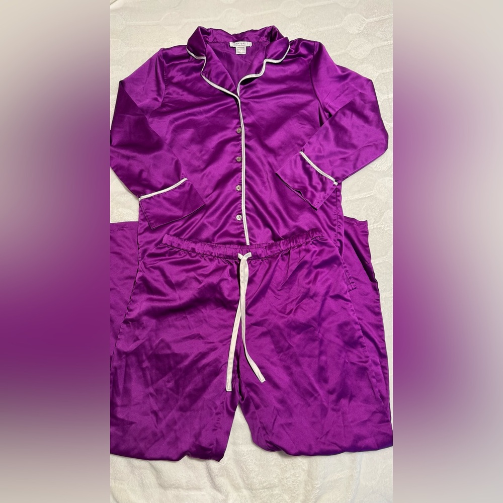 NATORI PRIVATE LUXURIES HOT PURPLE WHITE SILKY PAJAMAS/LOUNGE SET SMALL